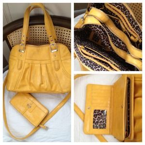 Yellow with leopard interior handbag and wallet