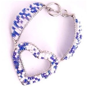 Multi Blue & White Heart Wire Wrap Bracelet