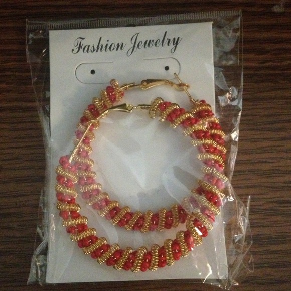 Red And Gold Hoop Earrings - Picture 2 of 3
