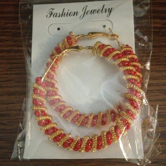 Red And Gold Hoop Earrings - Picture 3 of 3