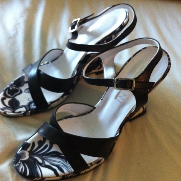 Black and white wedge sandals