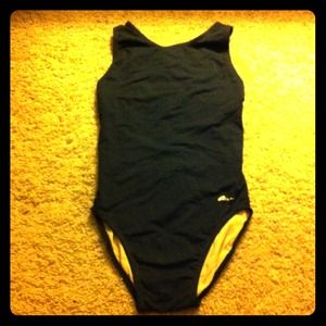 Black one piece bathing suit.