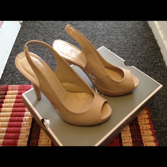 Nude open toe sling back heels