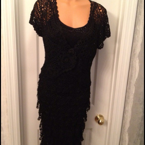 Black Crochet-knit Etoile Dress Matching Crop Waisted Scallop Hem Jacket WmSz3/4 - Picture 3 of 4