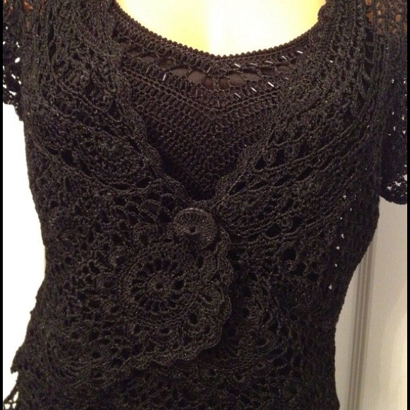 Black Crochet-knit Etoile Dress Matching Crop Waisted Scallop Hem Jacket WmSz3/4 - Picture 4 of 4