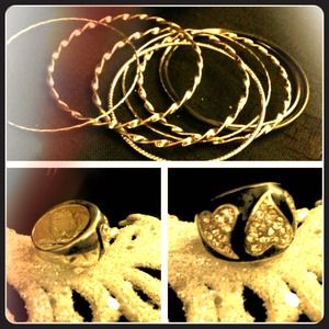 Set of silver and black mix bangles and ring