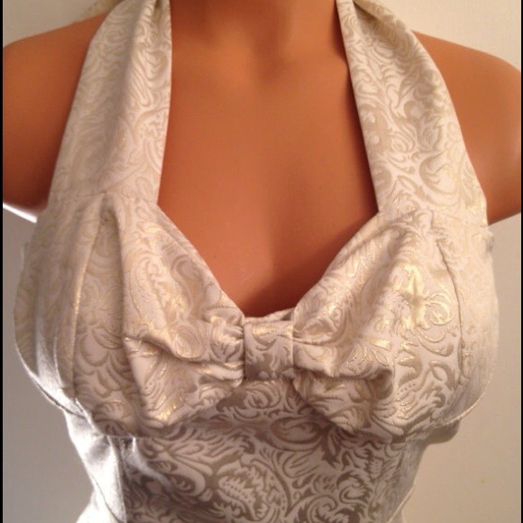 Vintage Inspired GoldThread Halter Pinup Dress SzM - Picture 2 of 4
