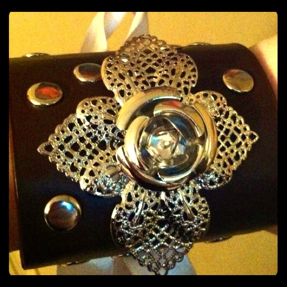 Leather bracelet w/ silver rose & ribbon ties!!!!!