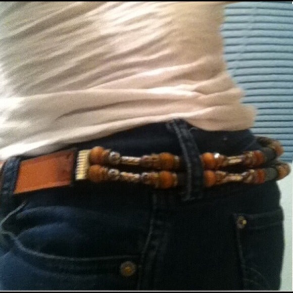 Vtg Beaded Artwork Belt Tan Gold Green Vintage