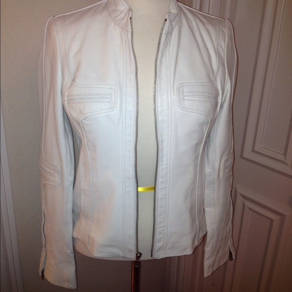 -Guess Genuine White Leather Moto Jacket