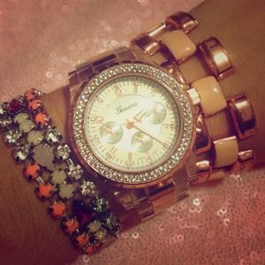 Geneva Accessories - CZ Encircled Clear & Rose Gold Chronograph Watch Geneva Accessories - CZ Encircled Clear & Rose Gold Chronograph Watch