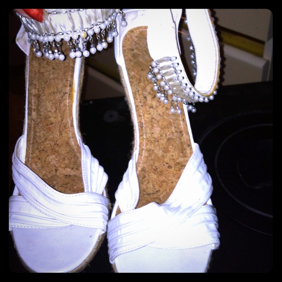 White Wedge Sandals w/ Beaded Angle Wrap