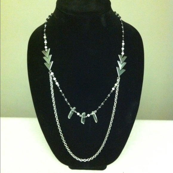 Double strand hematite chevron and quartz necklace