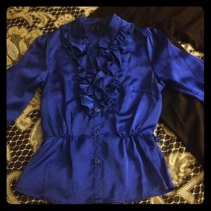 Royal blue, ruffle, silky, work appropriate top!!