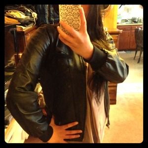 Black recycled leather bomber jacket, size small