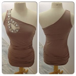 Dresses & Skirts - 🔱NEW🔱 beige jeweled one shoulder dress Dresses & Skirts - 🔱NEW🔱 beige jeweled one shoulder dress