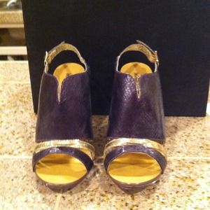 Purple and gold peep toe heels