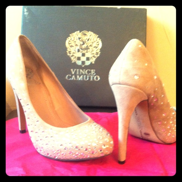 Vince Camuto nude suede heels with crystals