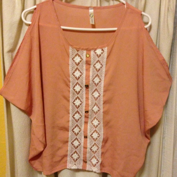 Open shoulder peachy pink laced blouse