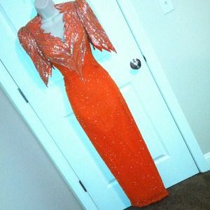 100% Silk Orange Beaded Gown