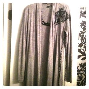 Gray Cardigan with Black Crocheted Detail