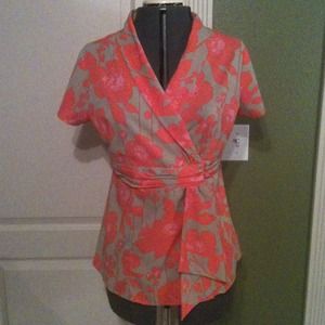 Chadwicks Tops - Coral/Khaki Floral Print Wrap Top Chadwicks Tops - Coral/Khaki Floral Print Wrap Top