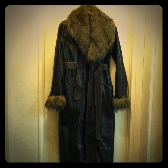 Pleather long trench with removable faux fur