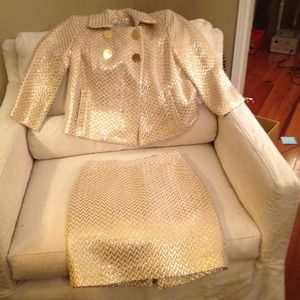 MILLY Gold & Ivory Chevron Blazer and Skirt