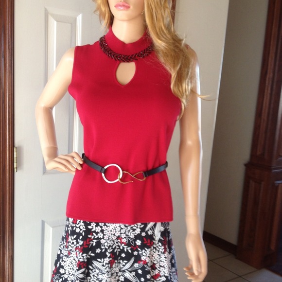 Red Sleeveless Blouse, Red & Black Beaded Neckline - Picture 1 of 3