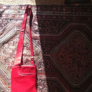 Red leather handbag