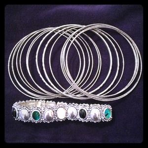 Silver Bangle Set with Stretch gem bracelet.