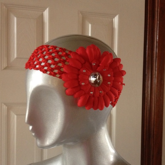 Red Crocheted Waffle Style HB w/Jeweled Flower