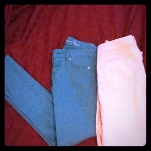 Teal & light pink skinny jeans