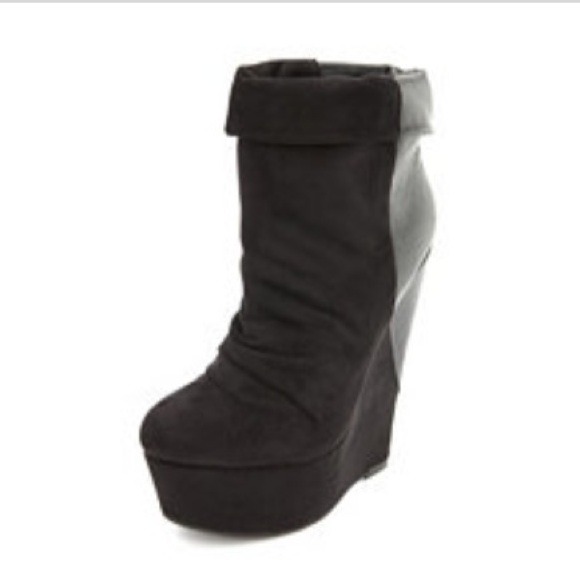 Sueded Faux Leather Trim Wedge Black Bootie
