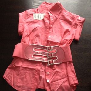 Pink button down dress shirt with belt