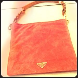 Prada pink suede purse with leather Handel.