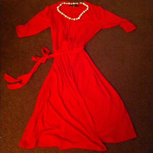 Red wraparound dress.