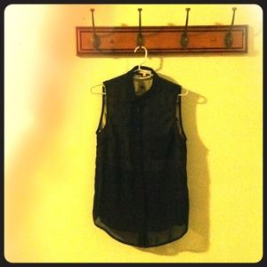 Sheer navy blue button down, with birds undershirt