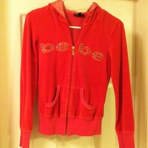 BEBE Pink rhinestone logo velour sweater