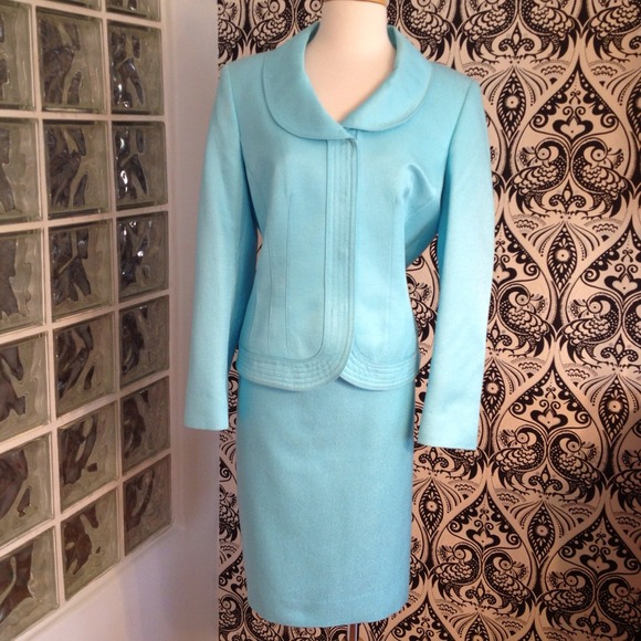 Albert Nipon Aqua Suit Blazer & Skirt Silk Wool 12