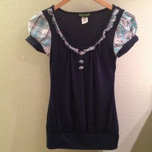REDUCED Cute blue shirt w/ colorful plaid sleeves