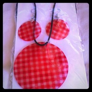 Red and white earrings and matching necklace.