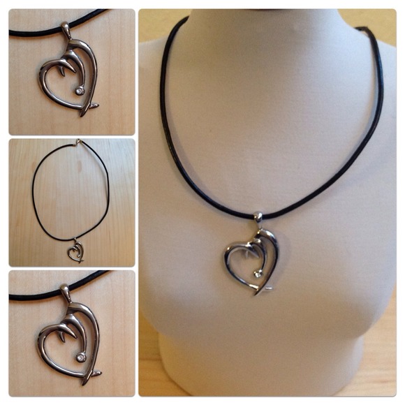 Stainless Steel Heart with black leather cord 16in