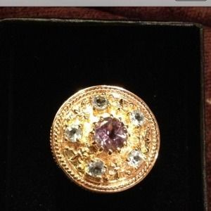 Gold medallion ring with blue & purple stones. New