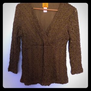 Beige Gold Thread See Through Sleeve Top Sz S