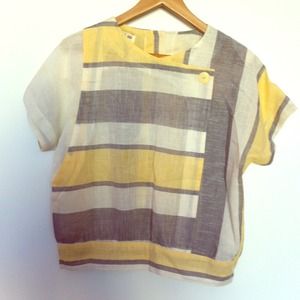Vintage Yellow Gray White See-Through Button Top