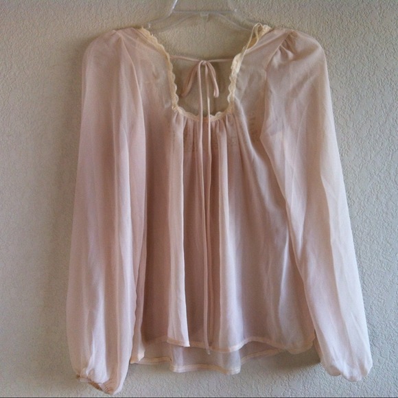 Longsleeve Chiffon and Lace Cream Top w/ back tie - Picture 2 of 4