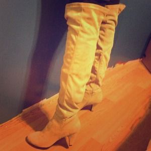 Knee high faux tan suede heels