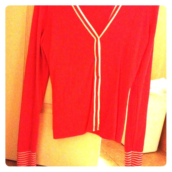 Coral cardigan w/white accent stripes