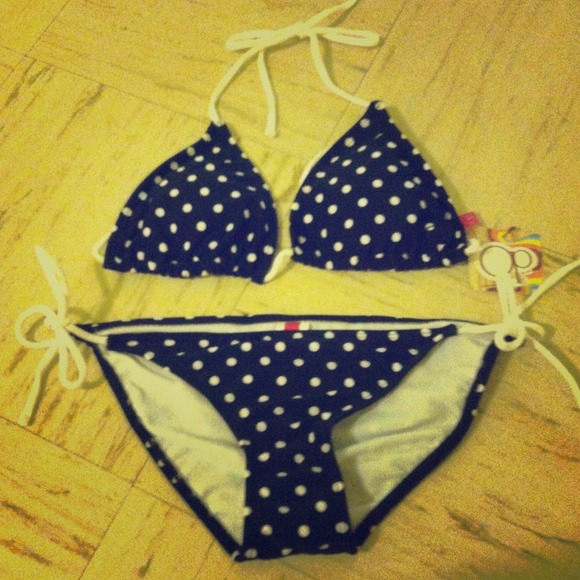 black and white polka dot bathing suit.